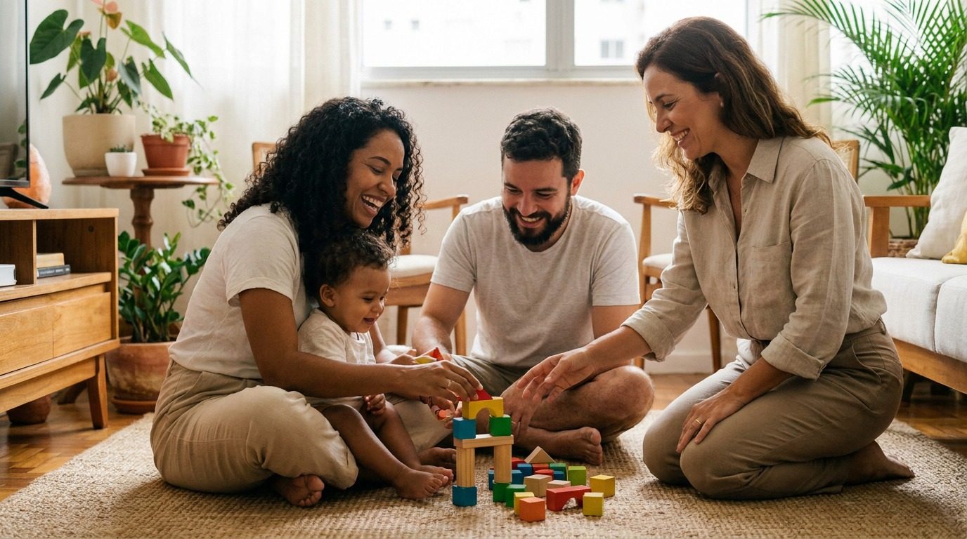 Especialista da DorôTEA acolhendo uma família no ambiente da casa