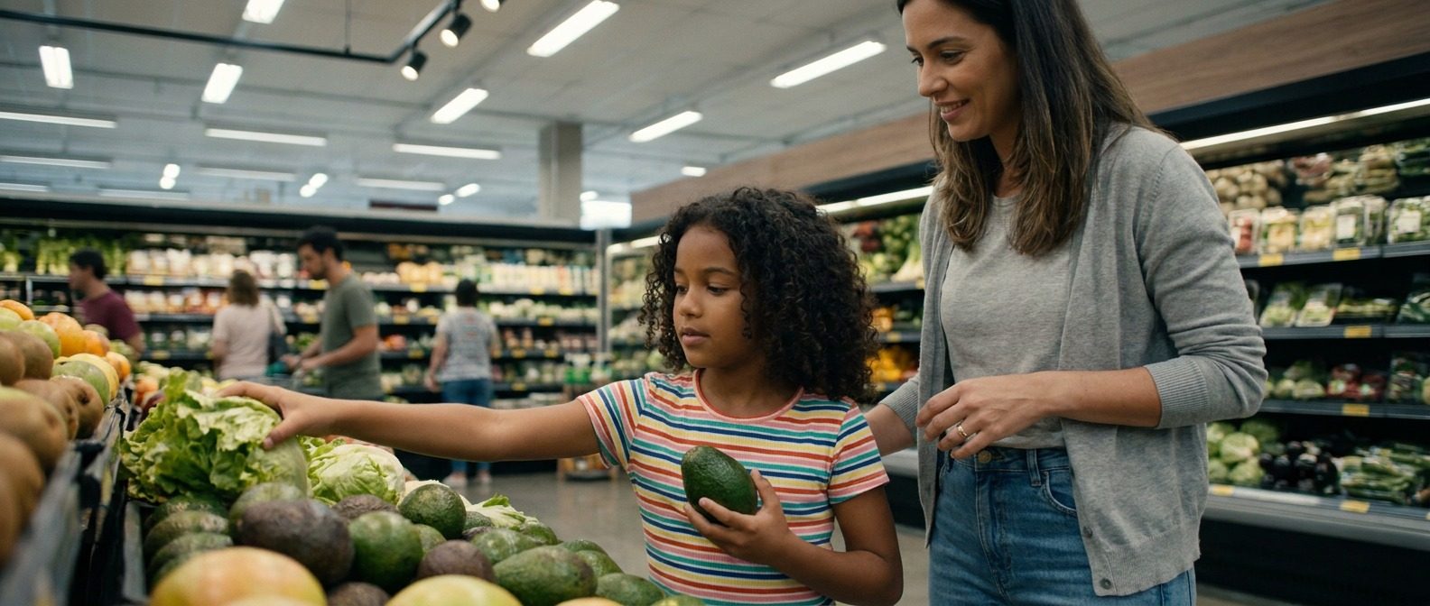 Mãe e filha escolhendo frutas e verduras no mercado