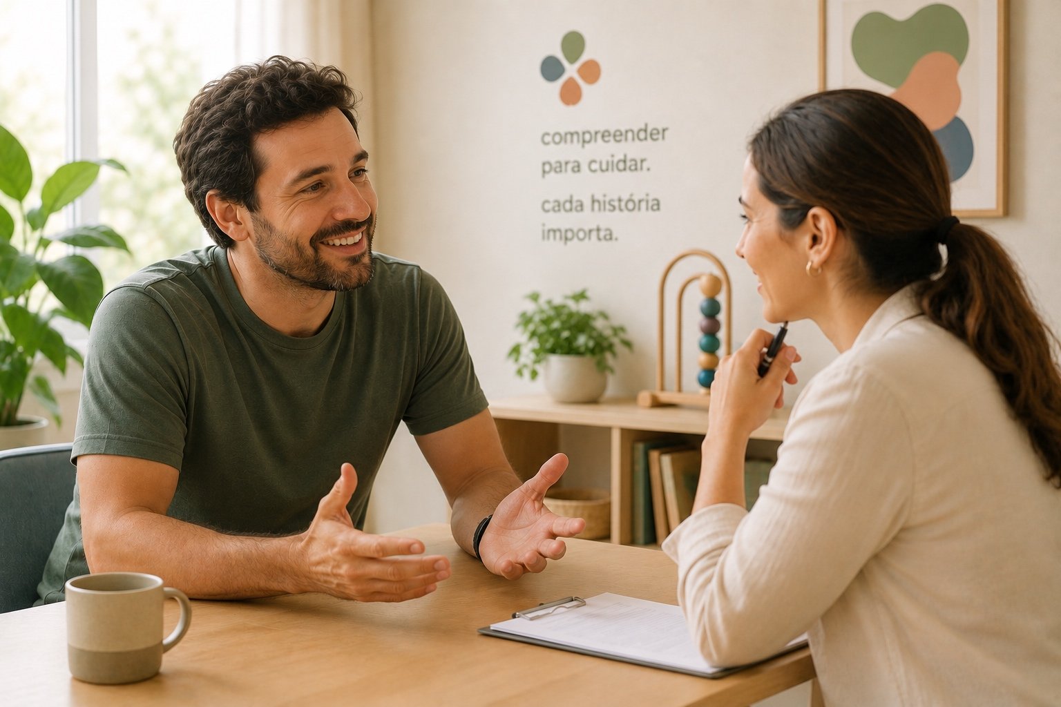Pai conversando com a especialista durante o acolhimento, sobre a mesa um clipboard e xícara de café