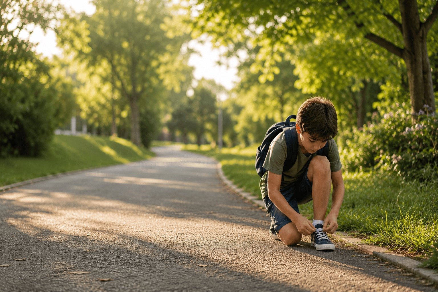 Menino com mochila amarrando o tênis em um caminho arborizado, pronto para seguir