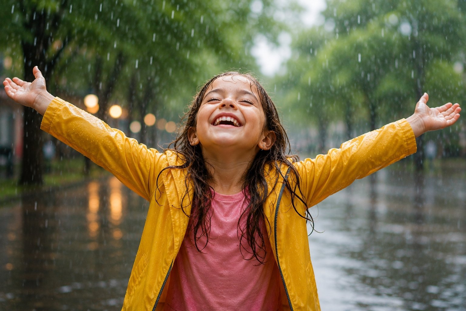 Menina de capa de chuva amarela sorrindo de braços abertos sob a chuva