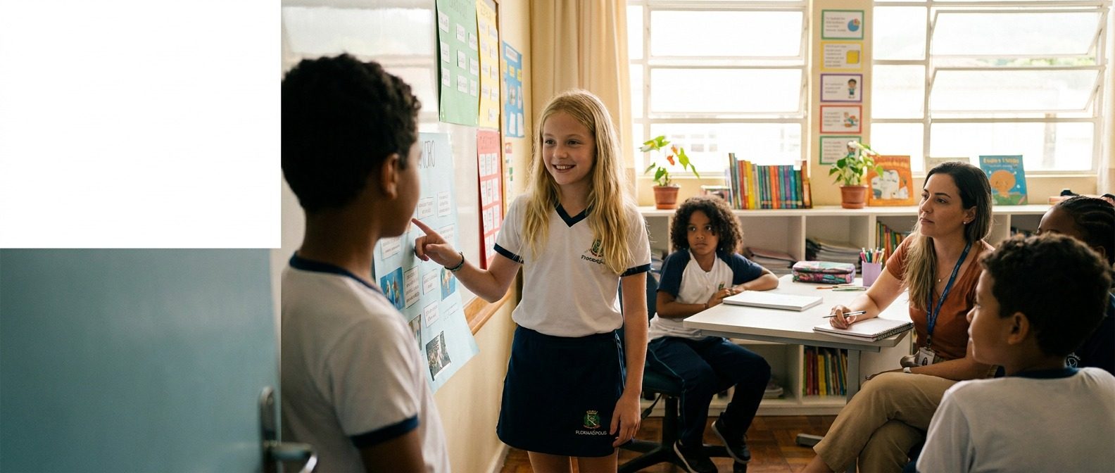 Crianças apresentando um trabalho em grupo na sala enquanto a educadora acompanha