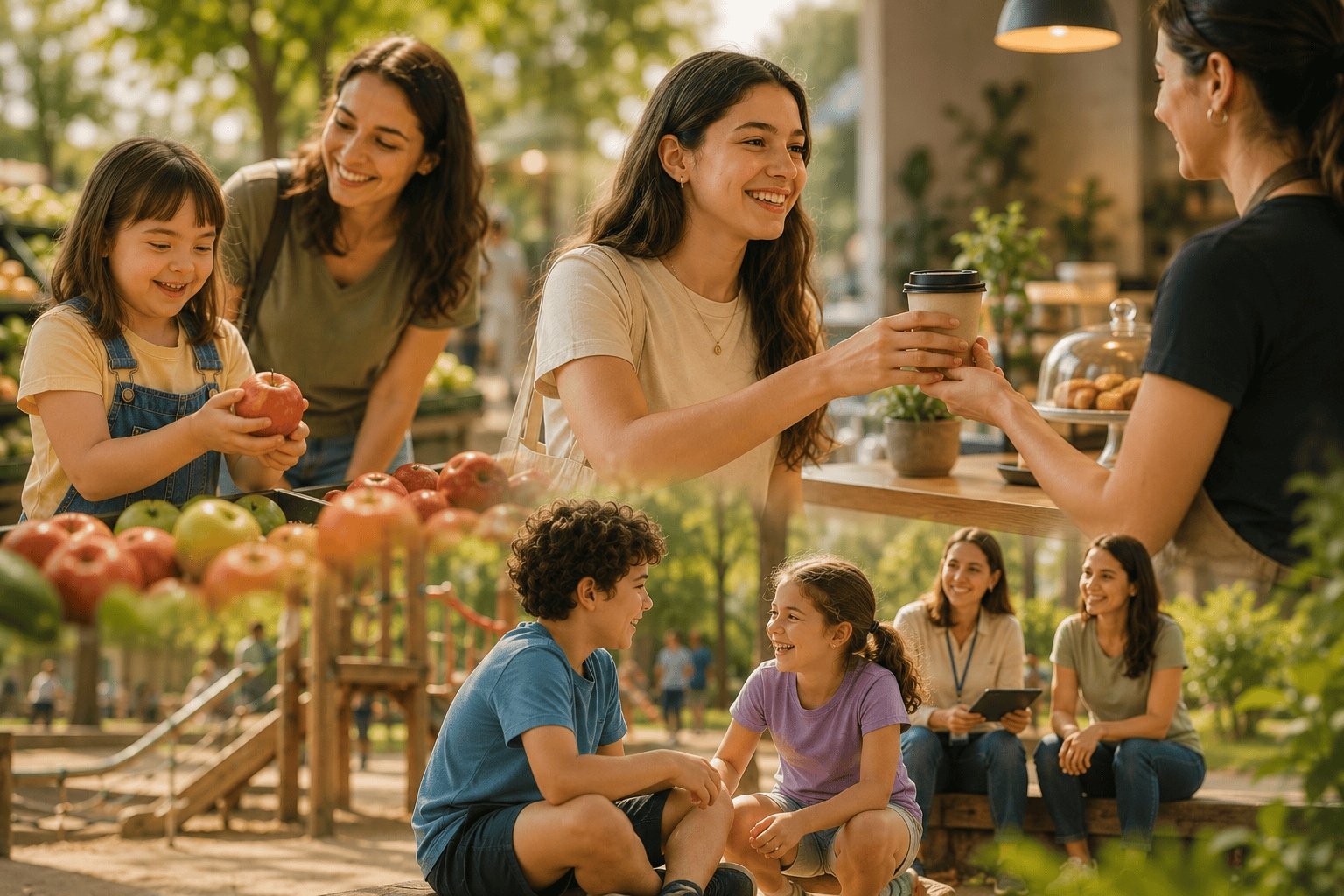 Famílias e crianças convivendo ao ar livre, escolhendo frutas, conversando e sendo acompanhadas de perto pela equipe