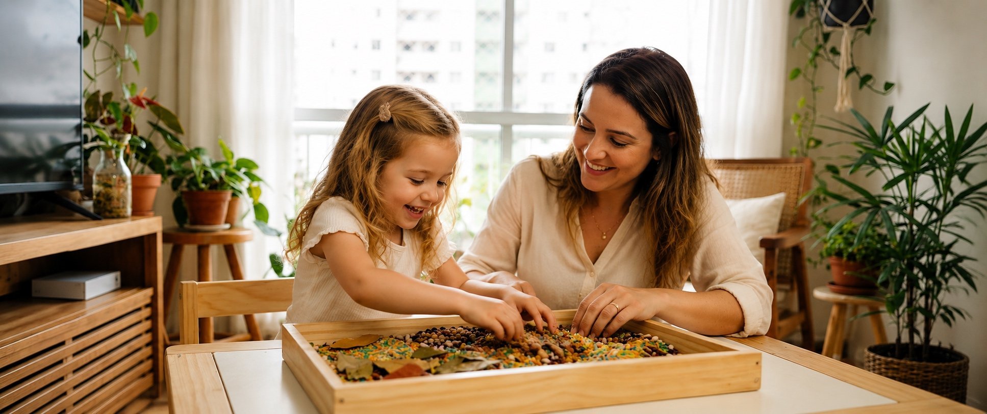 Mãe e filha sorrindo enquanto exploram juntas uma caixa sensorial em casa