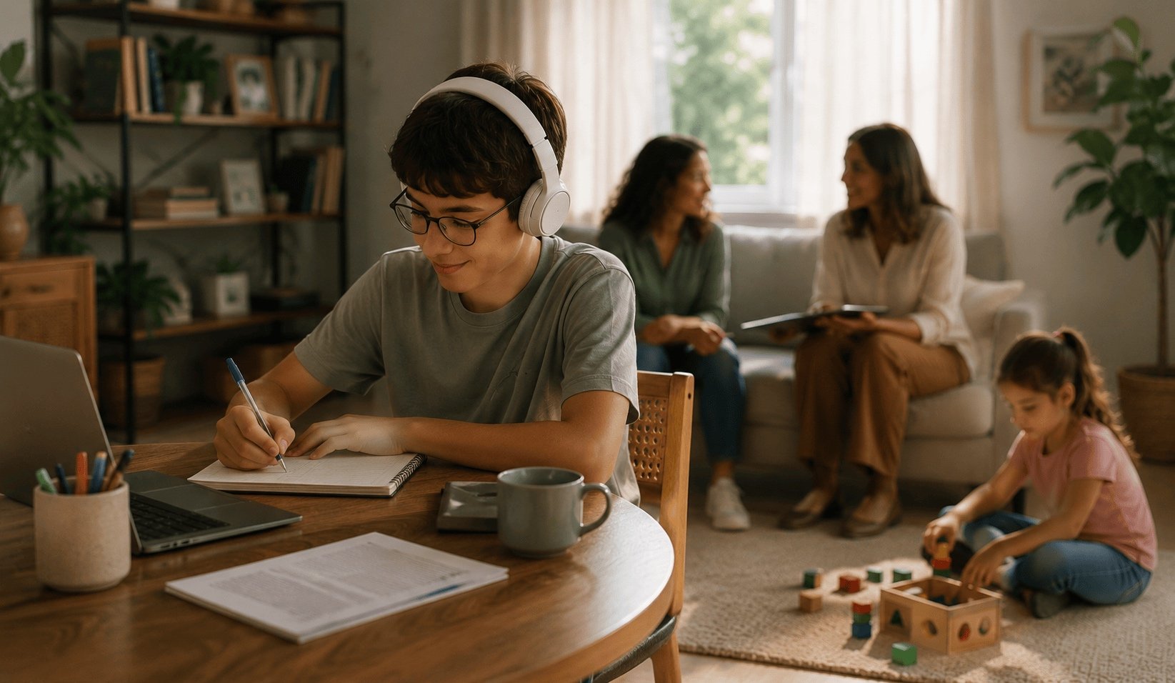 Adolescente escrevendo em casa enquanto os pais conversam e a irmã brinca