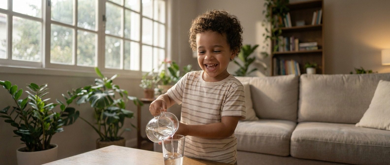 Criança sorrindo enquanto serve água em um copo na sala de casa
