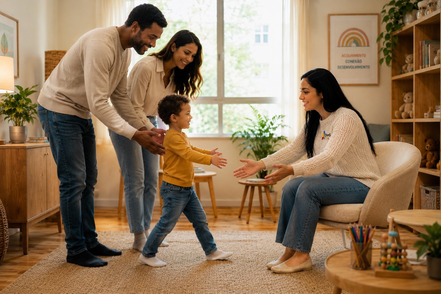 Família com criança cumprimentando uma especialista no início do acolhimento