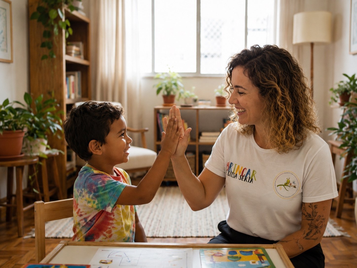 Terapeuta comemorando uma conquista com a criança em casa