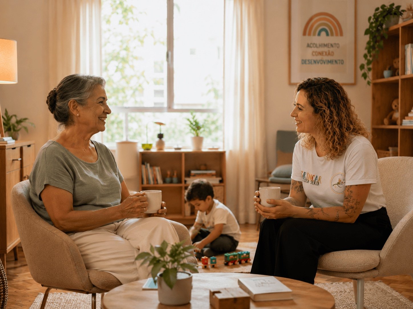 Família sendo acolhida pela equipe · criança chegando tranquila à clínica