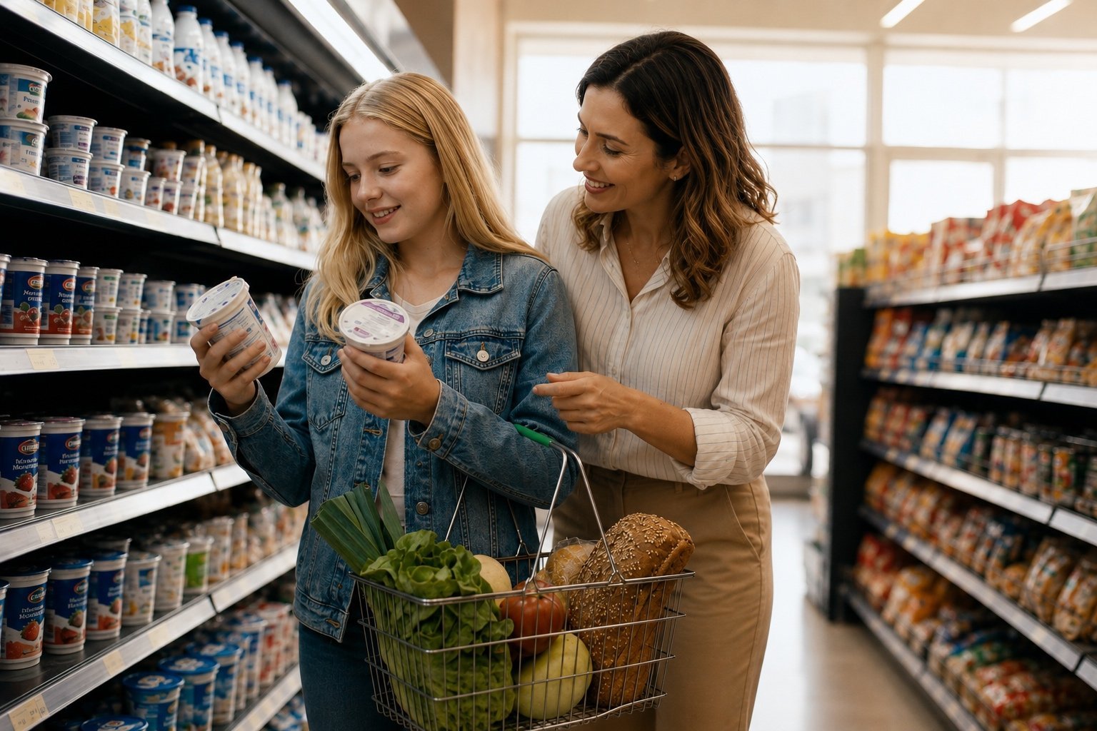 Mãe e filha escolhendo alimentos no mercado · aprendizado na vida real